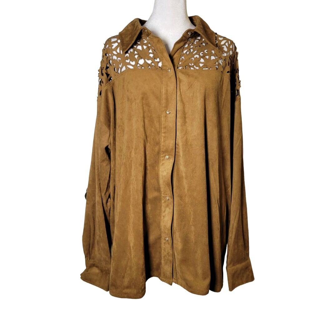 Attitudes by Renee Faux Suede Snap Front Shirt 1X Shacket Camel Boho Western NOS